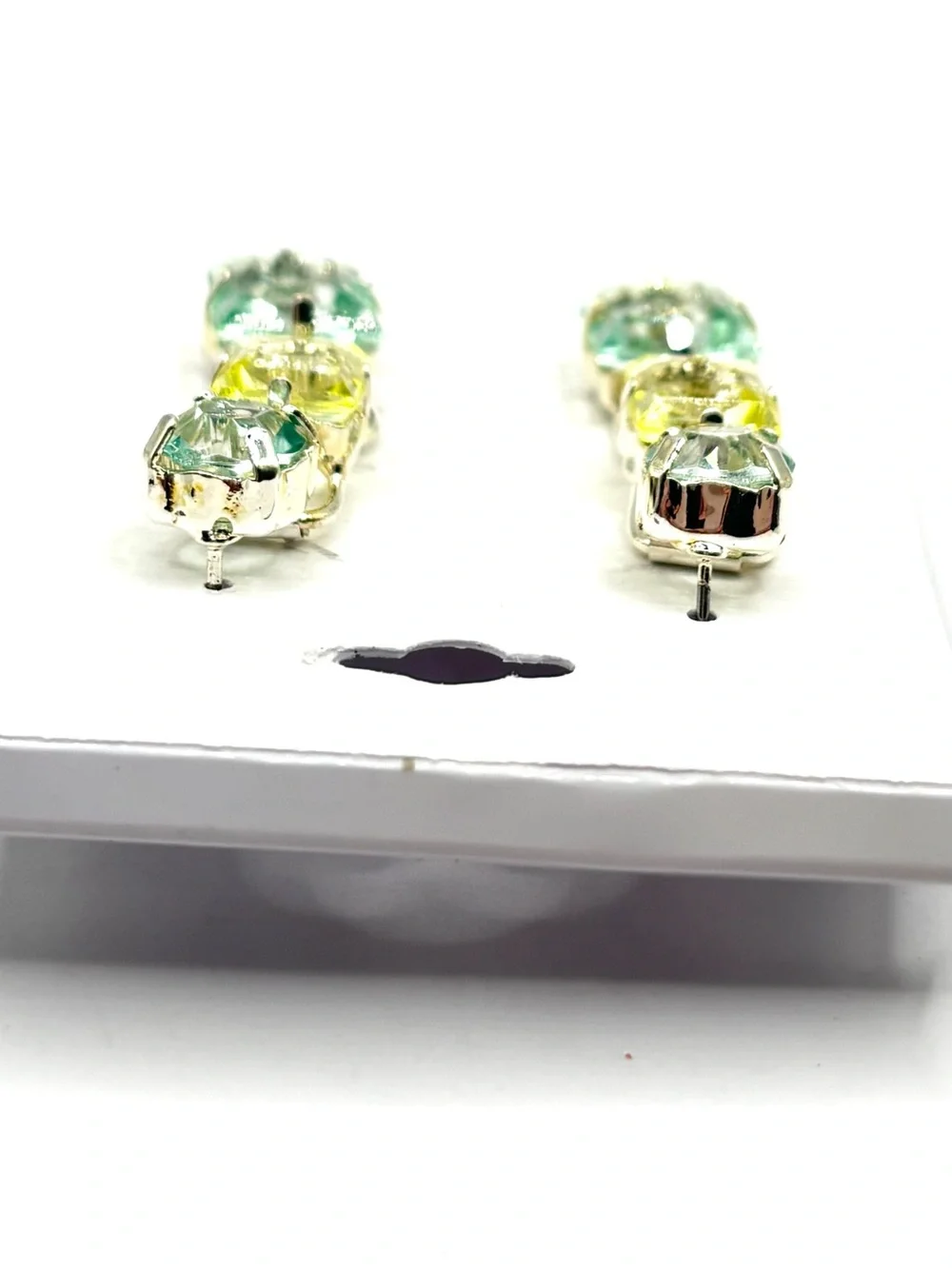 Tonal Green Yellow Crystal Tiered Square Drop Earrings in Silver Tone
